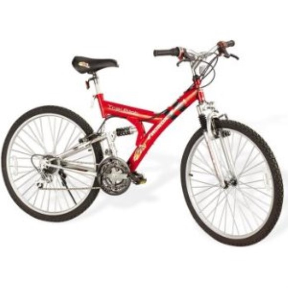 Double-suspension red bike